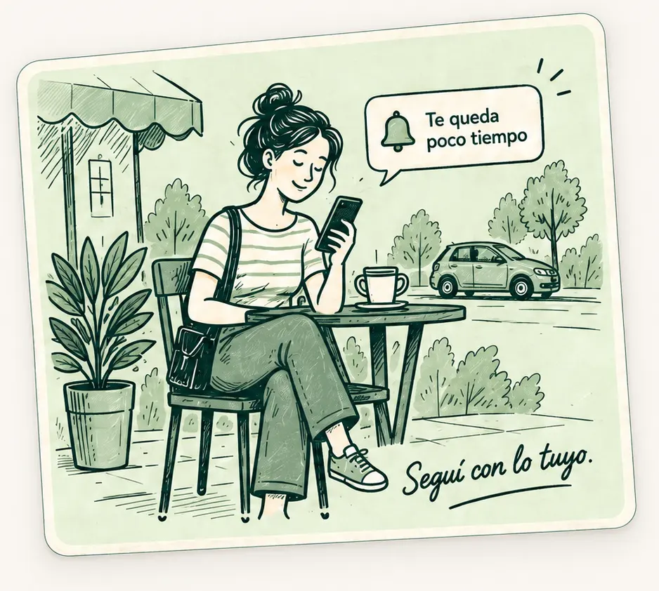 Una persona sentada en la vereda de un café mira su celular, que le avisa «Te queda poco tiempo», mientras su auto espera estacionado enfrente.