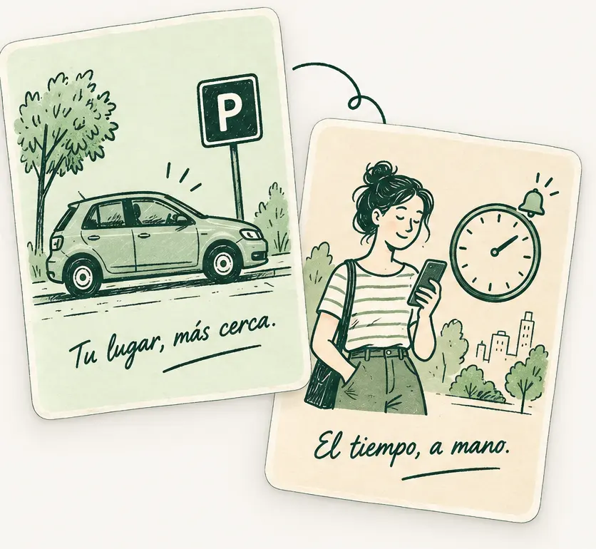 Dos ilustraciones: un auto estacionado junto a un cartel de estacionamiento, con la leyenda «Tu lugar, más cerca», y una persona mirando el celular junto a un reloj, con la leyenda «El tiempo, a mano».