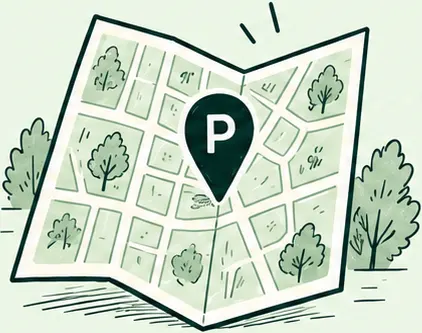 Un mapa de calles desplegado con un pin de estacionamiento marcando una zona.