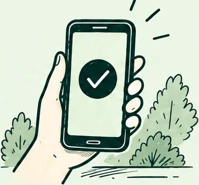 Una mano sostiene un celular que muestra una tilde de confirmación.